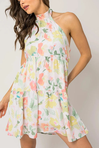 Sleeveless Halter Neck Shirring Floral Print Mini Dress
