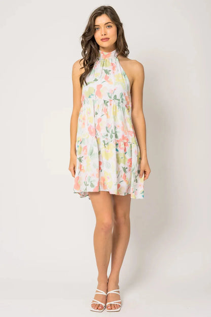 Sleeveless Halter Neck Shirring Floral Print Mini Dress