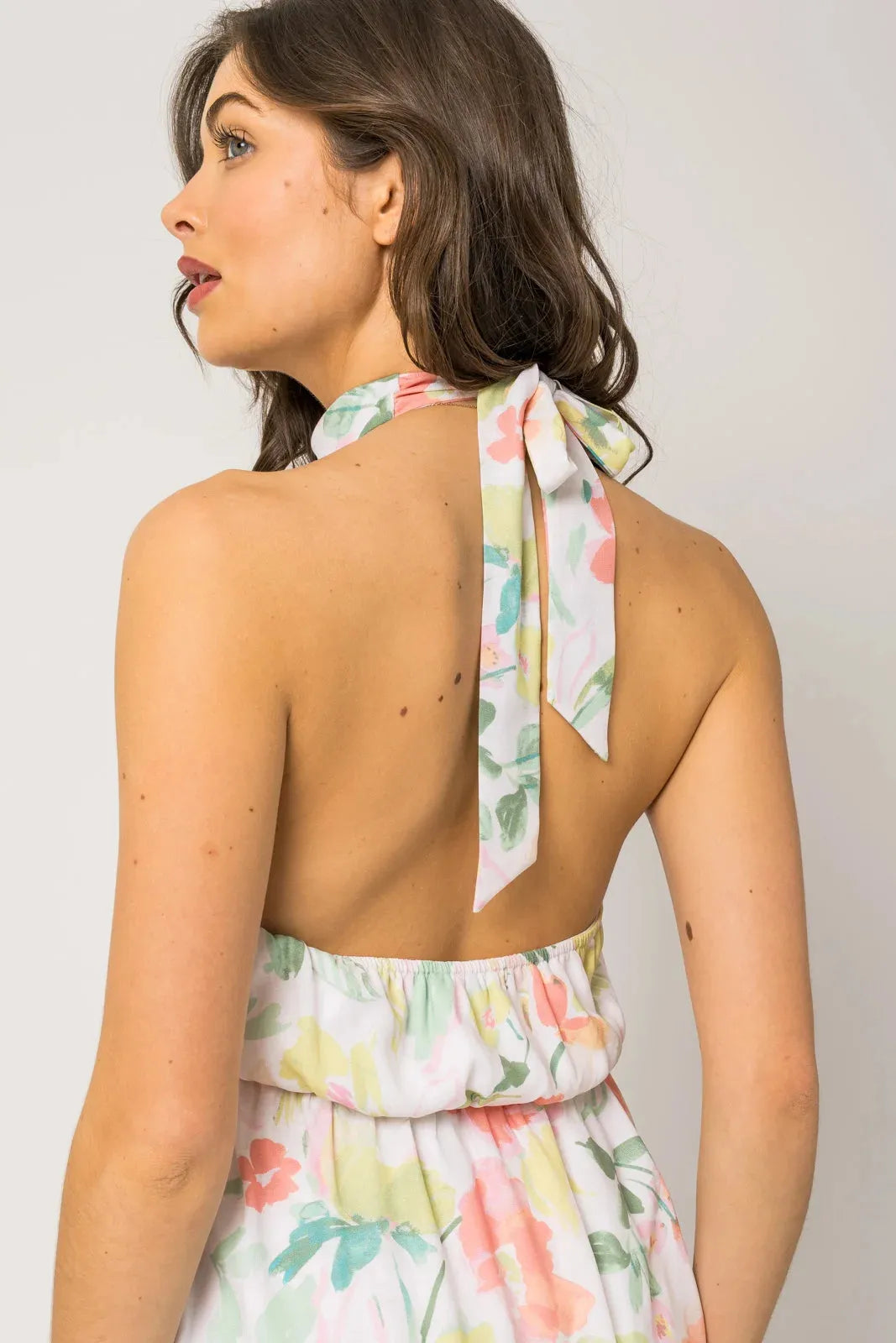 Sleeveless Halter Neck Shirring Floral Print Mini Dress