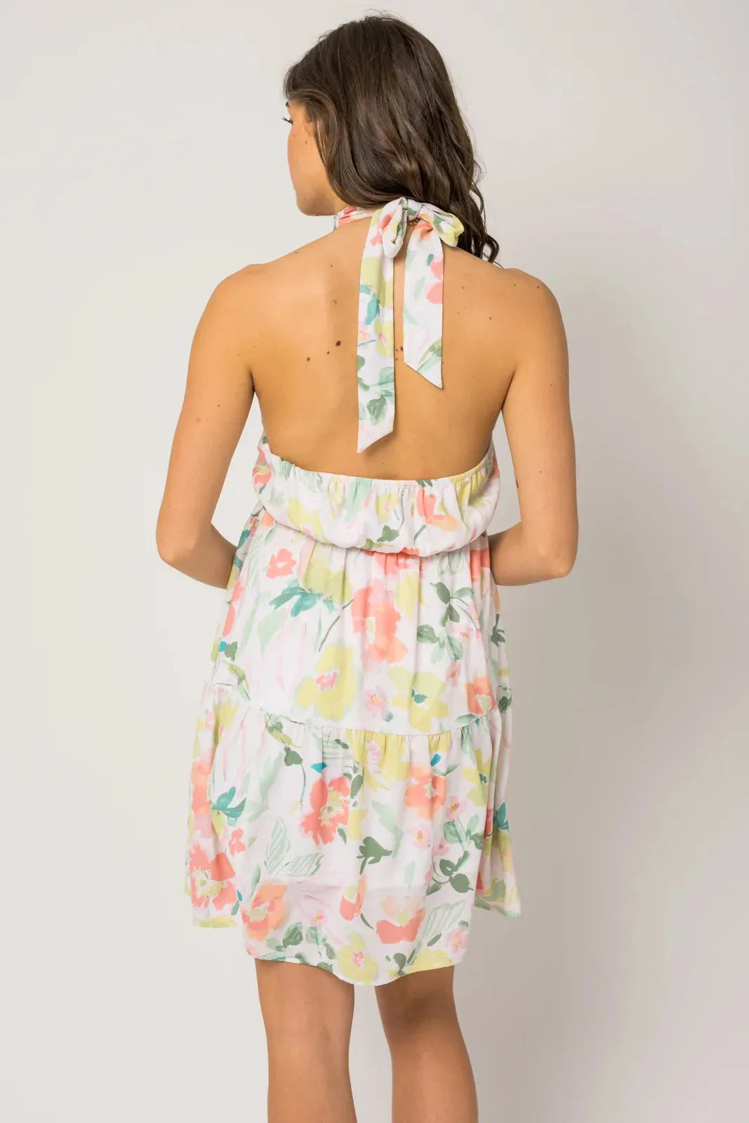 Sleeveless Halter Neck Shirring Floral Print Mini Dress