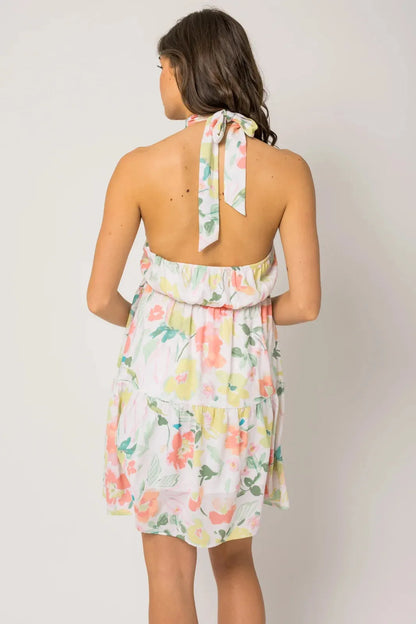 Sleeveless Halter Neck Shirring Floral Print Mini Dress